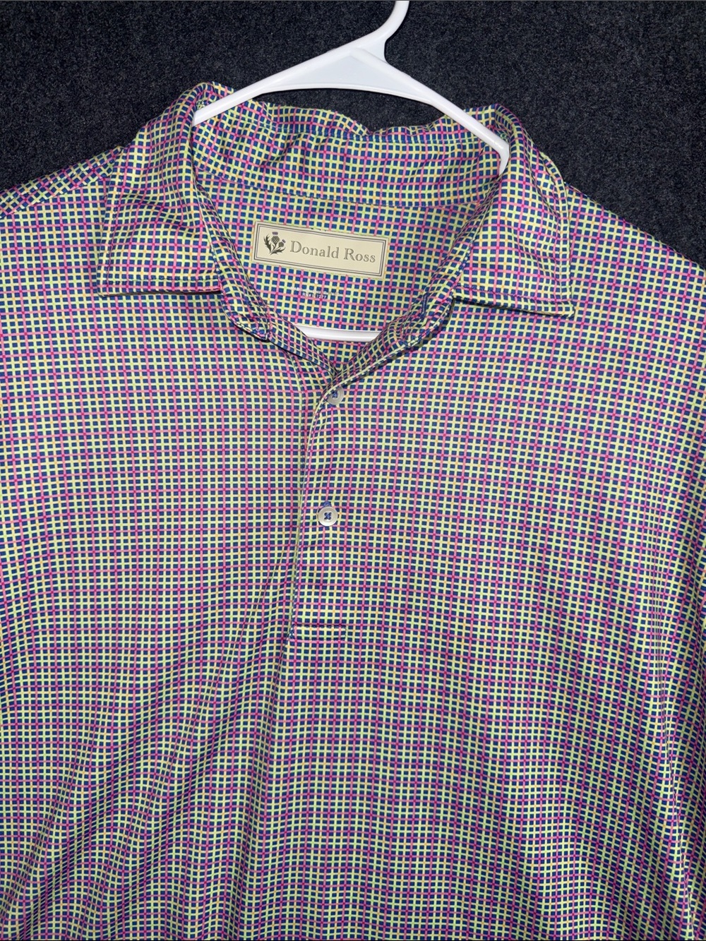 Donald Ross Mens Large Polo Shirt Multi-Color Geometric Grid Golf Short Sleeve